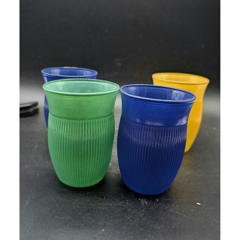 Vintage Hazel-Atlas Fine Ribb Glass Tumbler‎ Set 4pc Blue Green Yellow MCM 4"